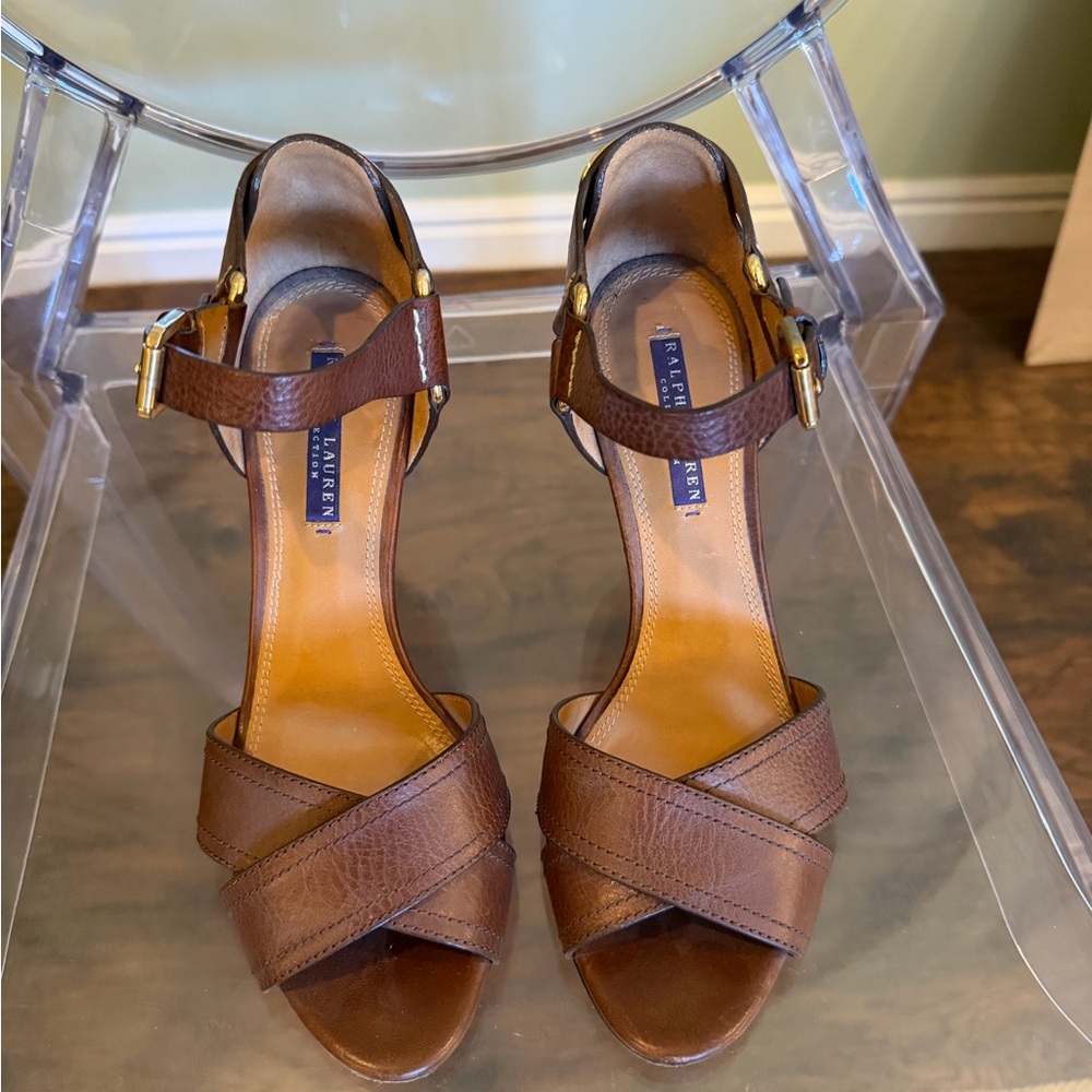 Ralph Lauren Brown Leather Cross-Strap Heeled Sandals